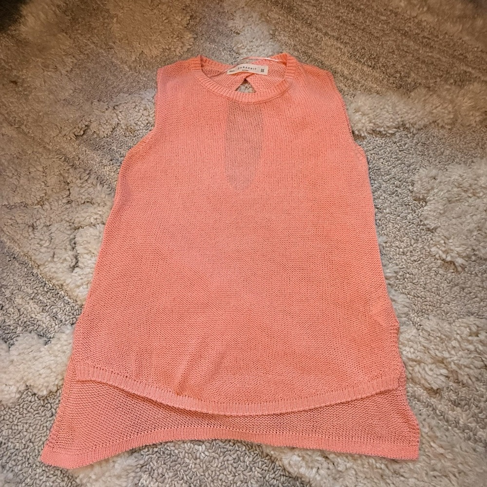Zara Knit Coral Sleeveless Sweater High Low Hem Keyhole Cutout Sz M Crochet
